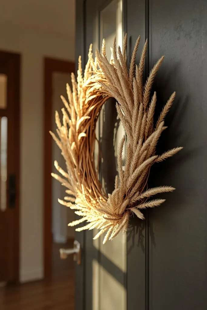 17 Understated Fall Decor Ideas for a Minimal, Modern Home 11 front door shot, featuring a minimal dried wheat wreath