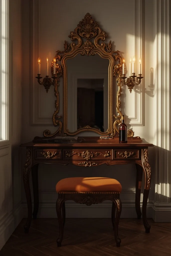 21 Vampy Romantic Bedroom Ideas for a Moody, Gothic-Chic Retreat 11 vanity corner shot, featuring a dark carved wood antique vanity with an ornate gilded mirror