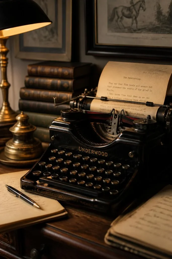 23 Vintage Halloween Decor Ideas That Look Straight Out of an Old Storybook 11 desk vignette, featuring a vintage black typewriter with yellowed paper