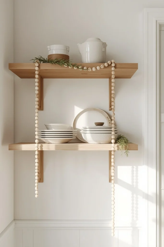 19 Ways to Decorate a Farmhouse Kitchen for Christmas (Cozy, Budget-Friendly Ideas) 11 farmhouse kitchen open shelf, featuring draped wood bead garland