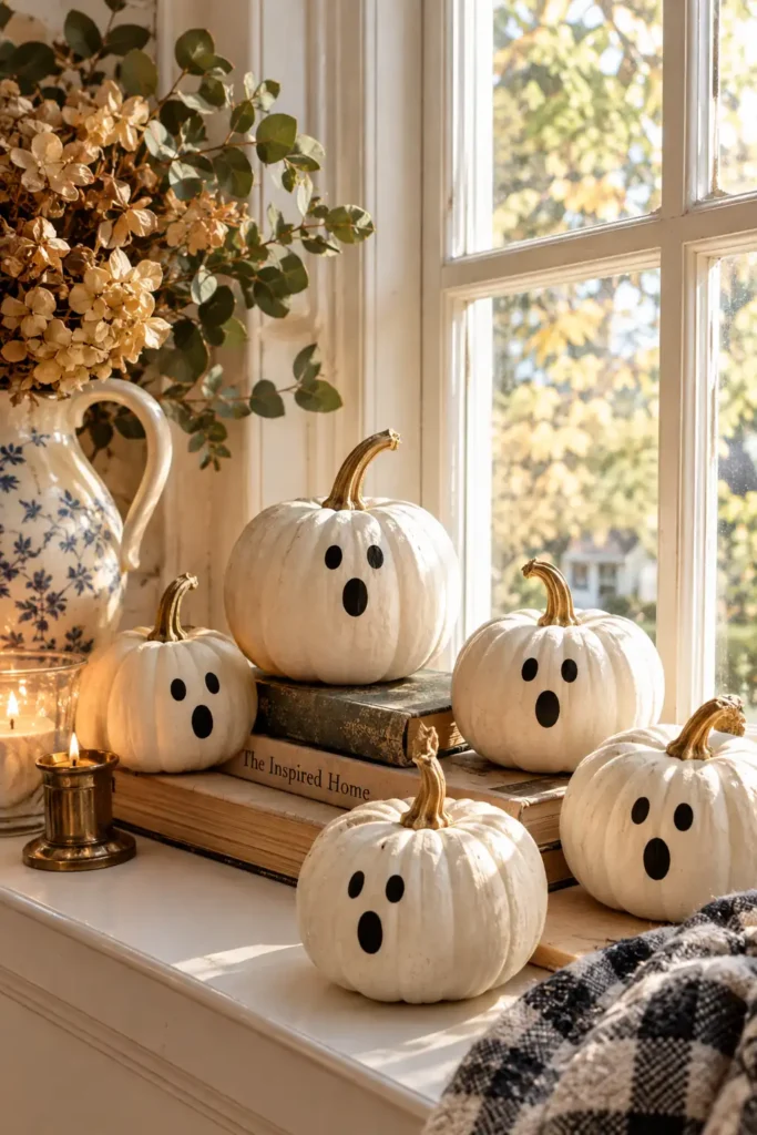 25 Whimsical Halloween Decor Ideas That Feel Spooky and Cute 11 windowsill display, featuring small white pumpkins hand-painted