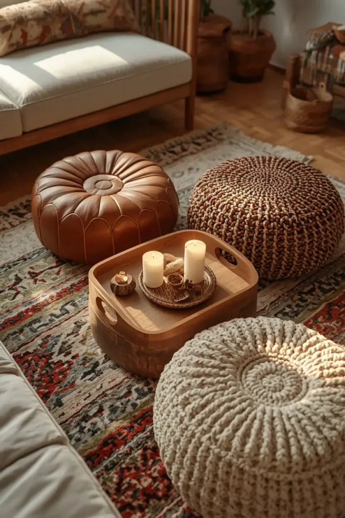 17 Afrobohemian Living Room Ideas That Feel Like a Global Getaway 12 living room, featuring three woven poufs in leather, kilim, and boucle textures