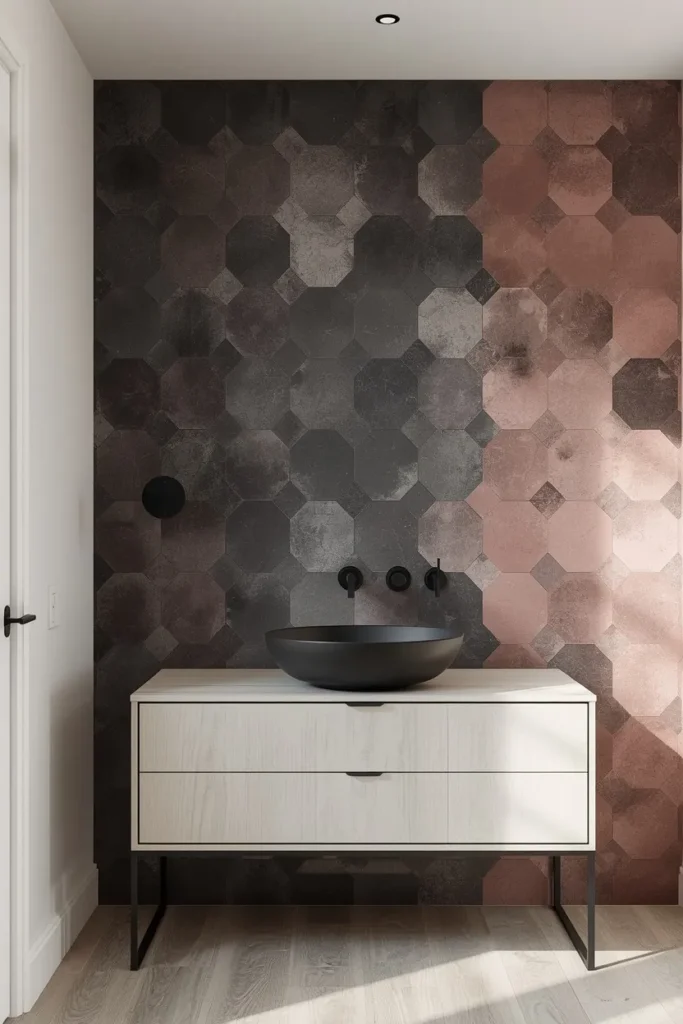 18 Bathroom Tile Ideas That Are Bold Enough to Transform Everything 12 bathroom accent wall, featuring large-scale hexagonal tile arranged
