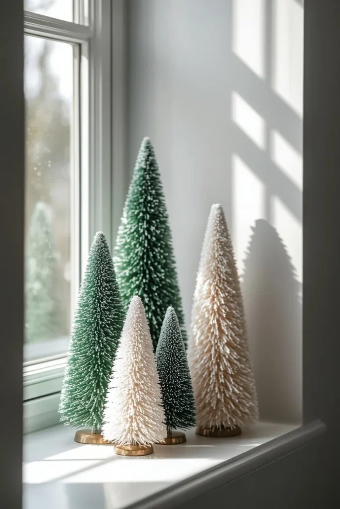  Christmas bathroom windowsill, featuring a cluster of bottle brush trees