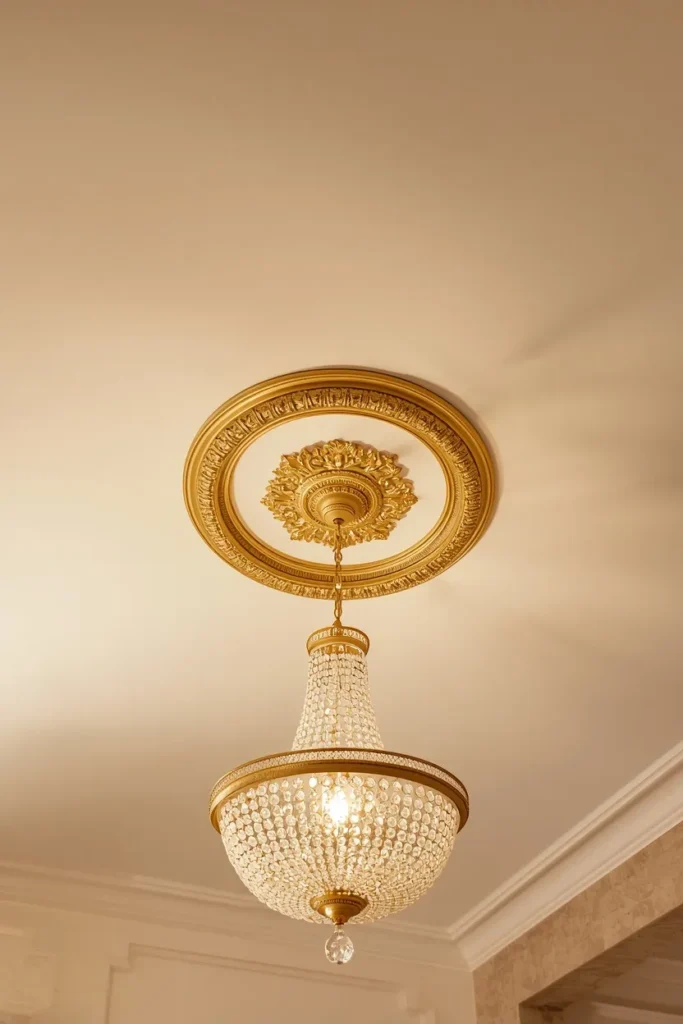 dining room ceiling detail shot, featuring an ornate ceiling medallion painted