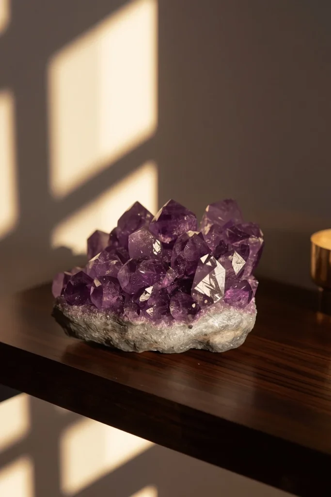 22 Cosmic Interior Design Ideas for a Starry, Galaxy-Inspired Home 12 tabletop detail shot, featuring a raw amethyst crystal cluster on a dark wood shelf,