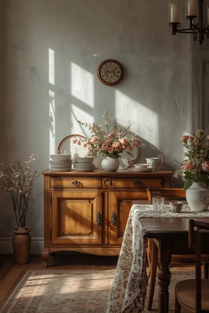 dining room, featuring an antique wooden sideboard styled with mismatched vintage dishware