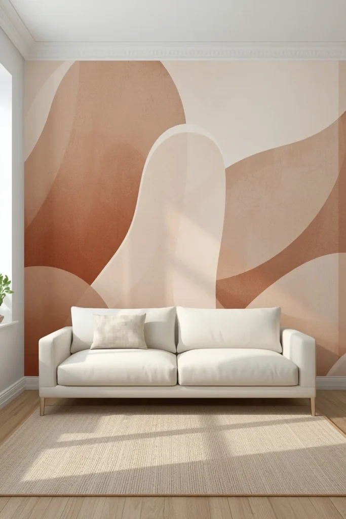 15 Curved Accent Wall Ideas to Soften a Boxy Room 12 living room wall, featuring a large-scale mural wallpaper with soft abstract curved shapes