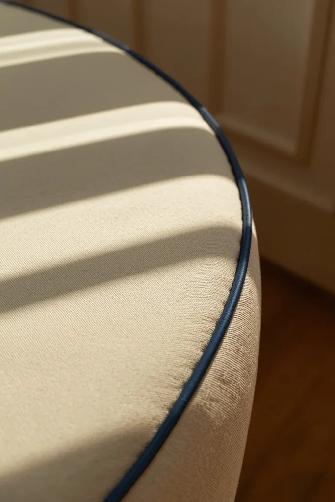 upholstery detail shot, featuring a curved banquette cushion in cream fabric with navy contrast piping 