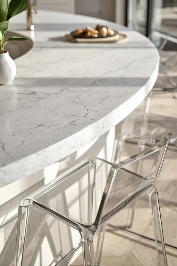 17 Curved Kitchen Peninsula Ideas for Better Small-Space Flow 12 kitchen peninsula close-up, featuring clear acrylic bar stools tucked beneath a curved white stone countertop,