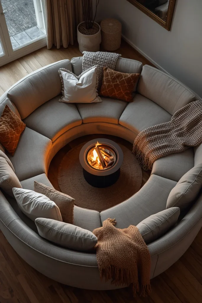  living room shot, featuring a curved sofa gently wrapping around a small fireplace focal point