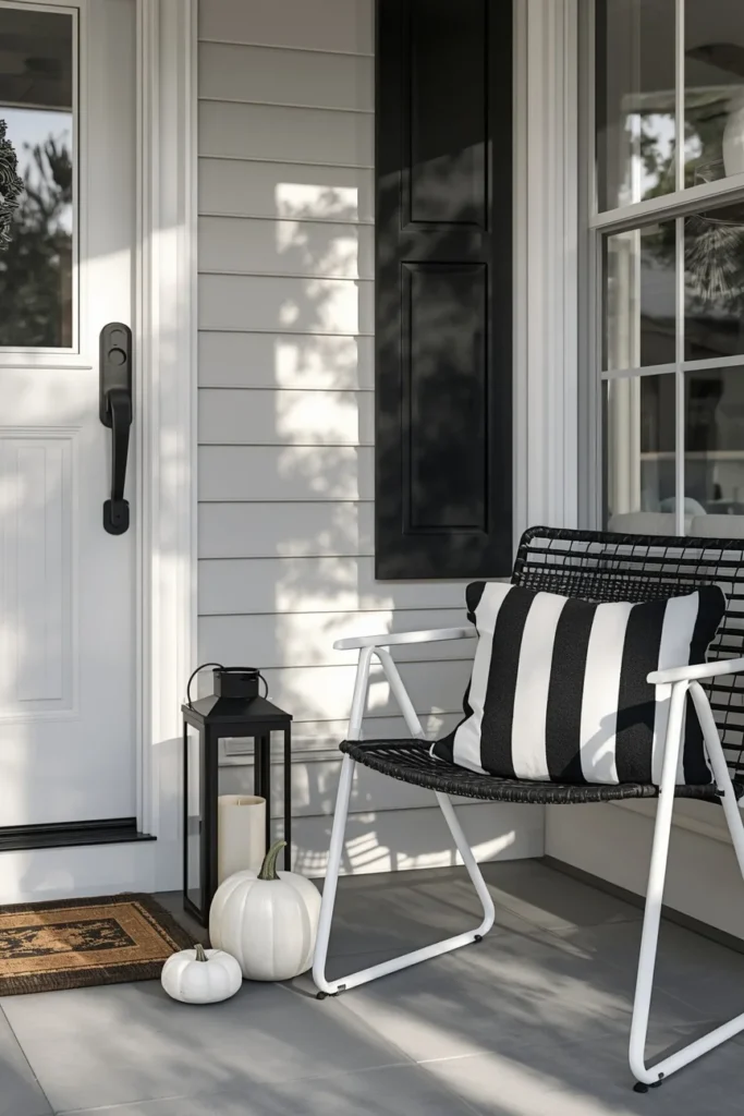  front porch, featuring a small monochrome vignette with a white pumpkin