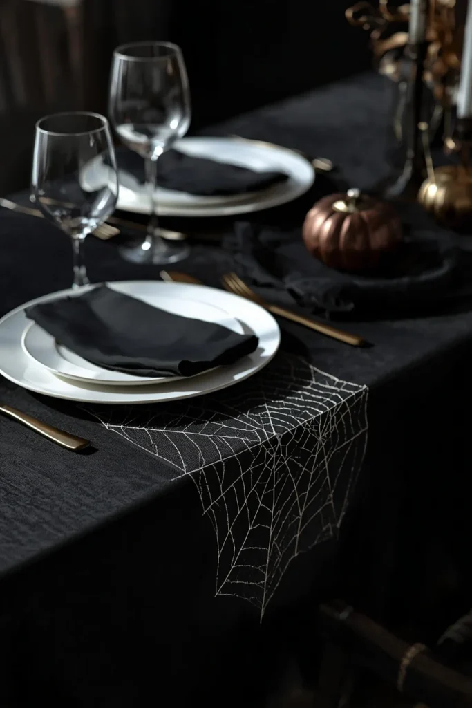 18 Elegant Halloween Dining Table Ideas for a Chic Fright Night 12 table setting close-up, featuring a black table runner with a subtle woven spiderweb pattern