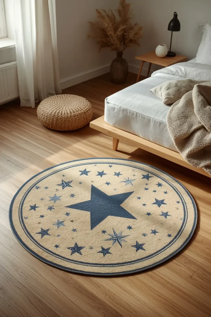 bedroom, featuring a round star map rug in muted navy and cream tones placed 