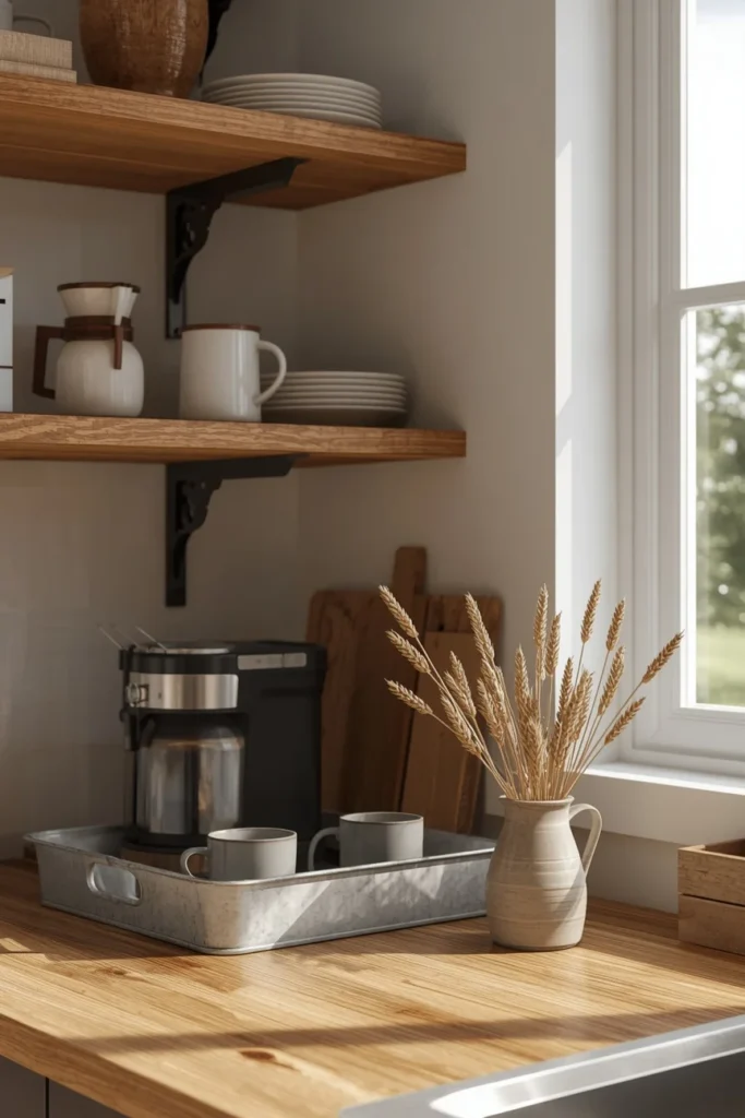 farmhouse kitchen coffee station, featuring open wood shelving
