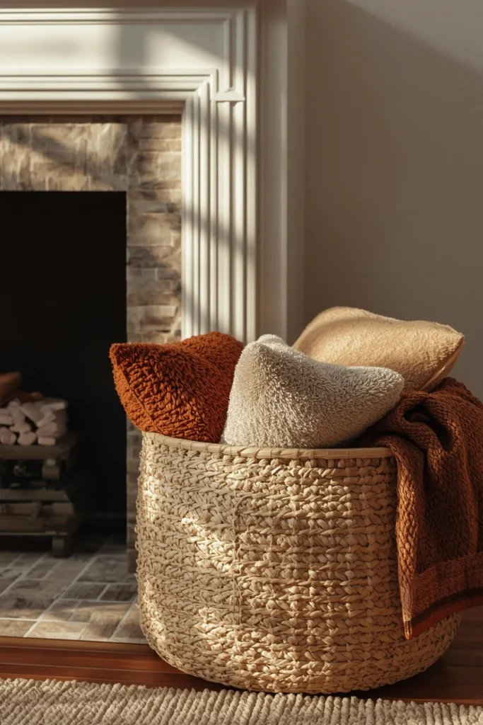16 Fall Decor Ideas for the Space in Front of Your Fireplace 12 living room fireplace, featuring a large woven basket beside the hearth filled with neatly folded throw blankets