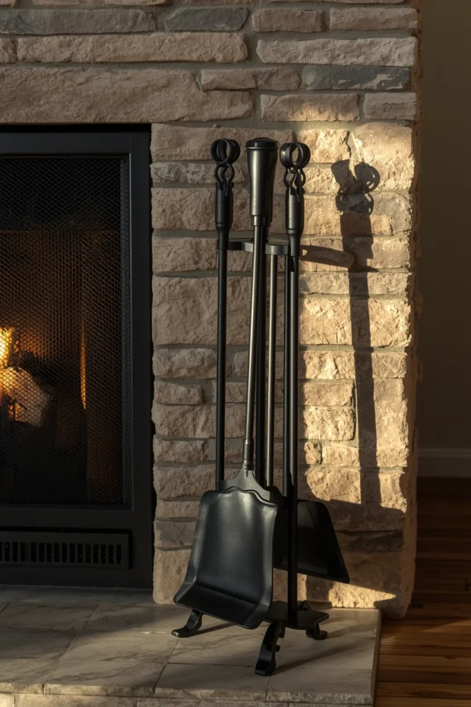  farmhouse living room fireplace, featuring a matte black cast iron fireplace tool set in a stand positioned 