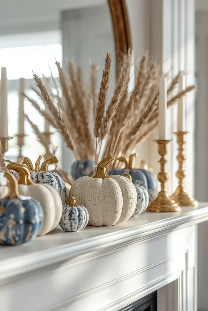 fireplace mantel, featuring blue and white ceramic pumpkins mixed with dried wheat stems