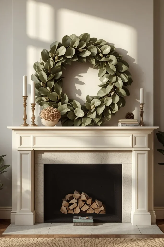  living room mantel, featuring an oversized wreath made from magnolia leaves and dried hydrangea