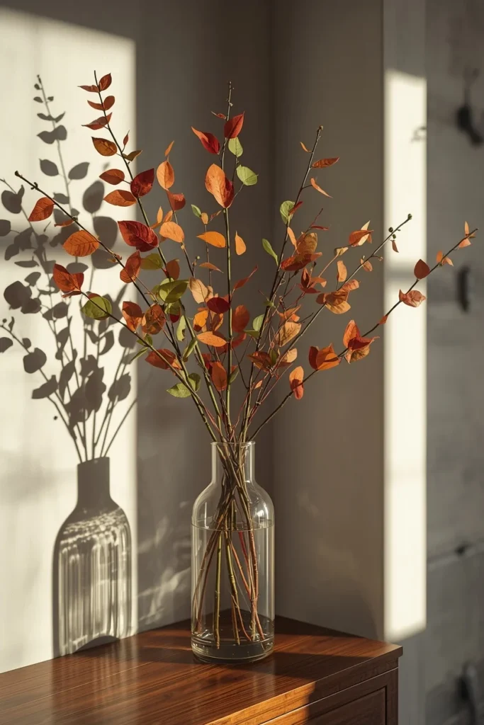  entryway table, featuring a tall glass vase filled with foraged branches showing red, 