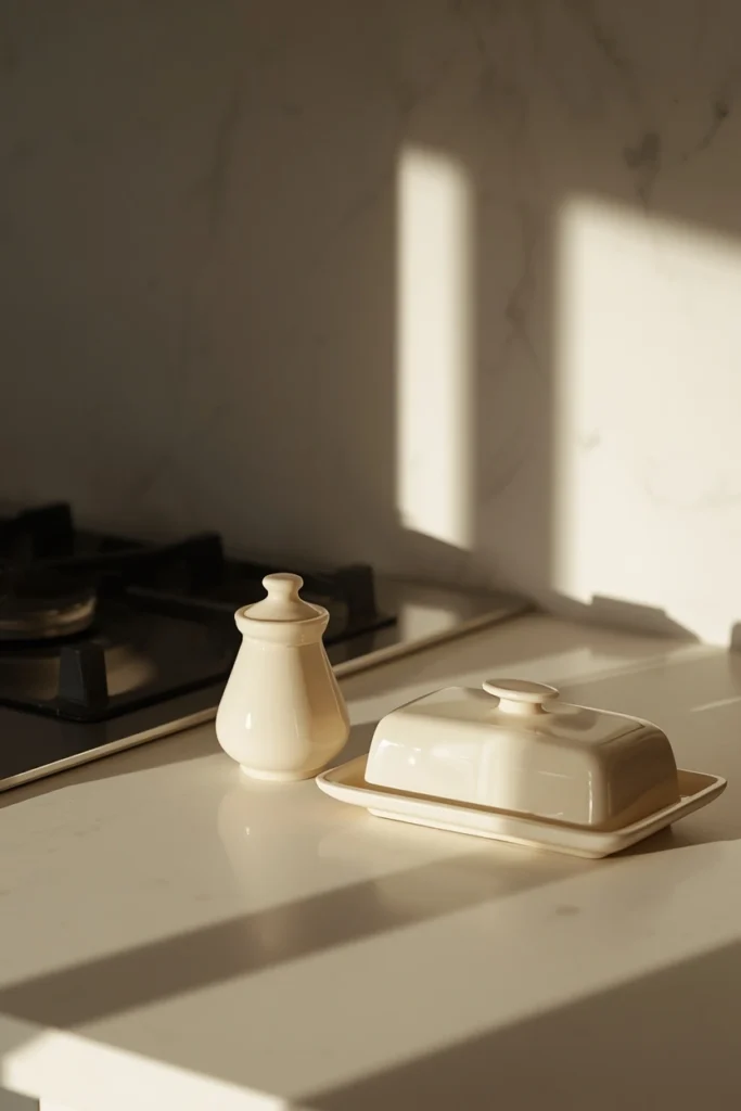 17 Fall Kitchen Countertop Decor Ideas That Feel Cozy, Not Cluttered 12 kitchen counter detail shot, featuring a small cream ceramic salt cellar
