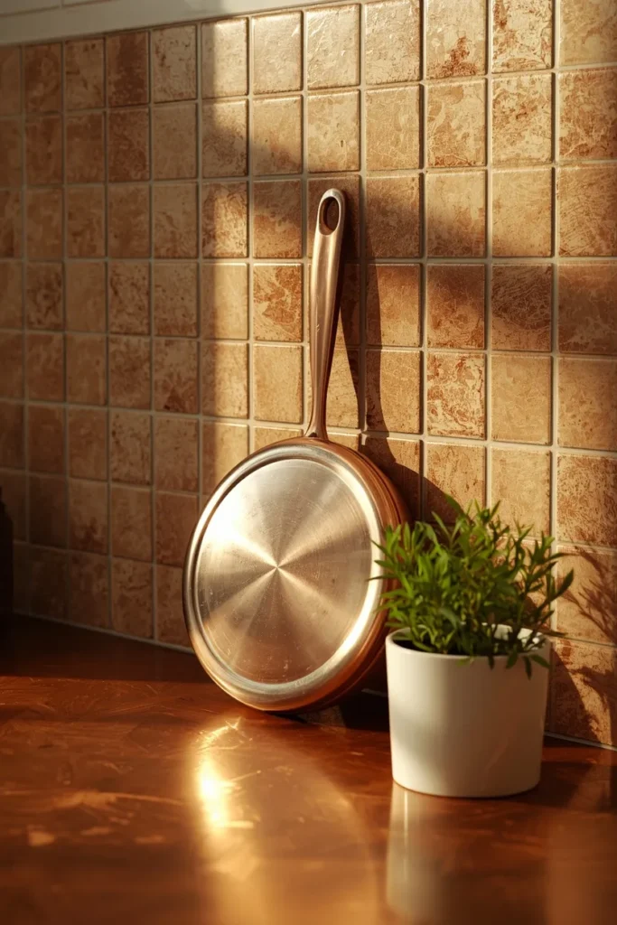 20 Fall Kitchen Decor Ideas That Are Easy to Recreate 12 kitchen counter close-up, featuring a copper pan leaned against a tile backsplash