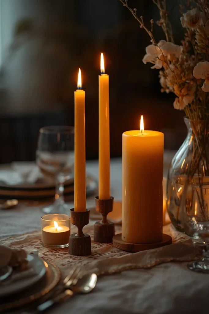 18 Fall Table Setting Ideas for Cozy Autumn Dinners 12 dining table close-up, featuring lit golden beeswax candles in simple holders