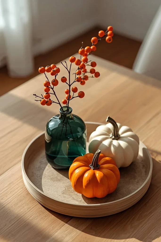  tiered tray close-up, featuring a single faux berry branch and a sleek teal glass vase