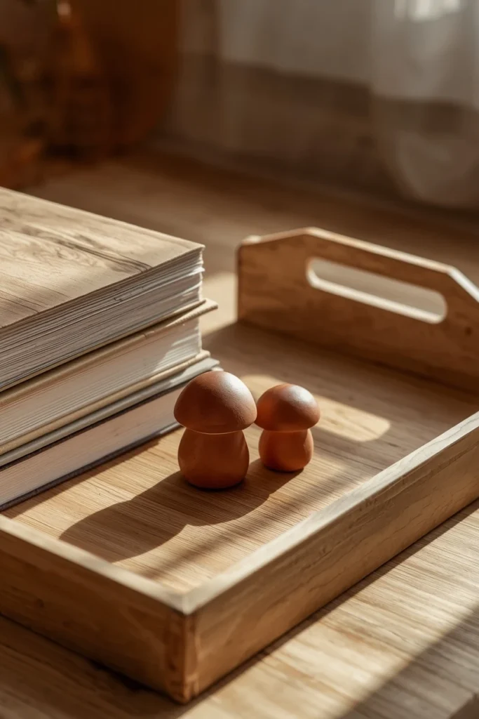 15 Fall Tray Decor Ideas to Style Your Coffee Table Like a Pro 12 coffee table tray, featuring two small matte brown ceramic mushrooms