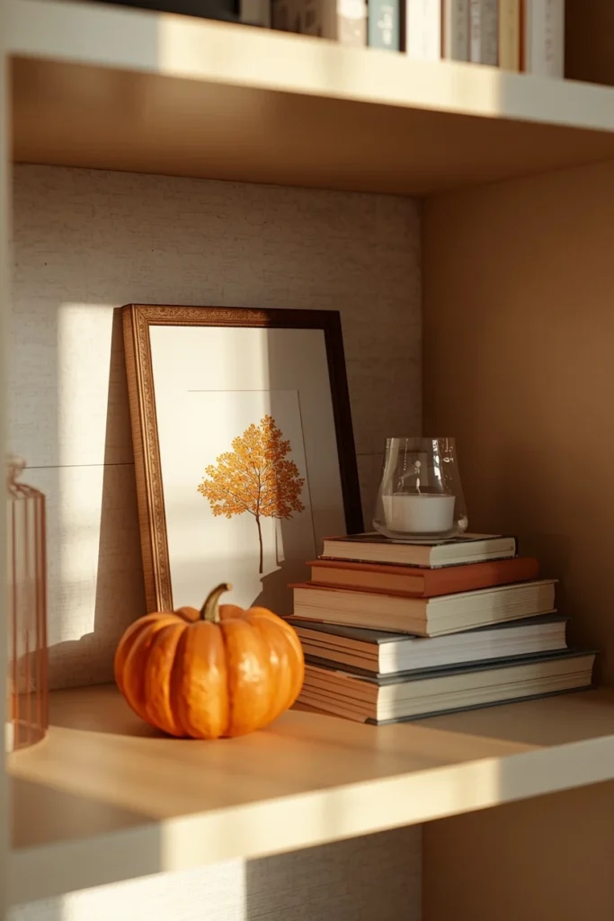 open shelf, featuring a small framed print leaned behind a stack of books