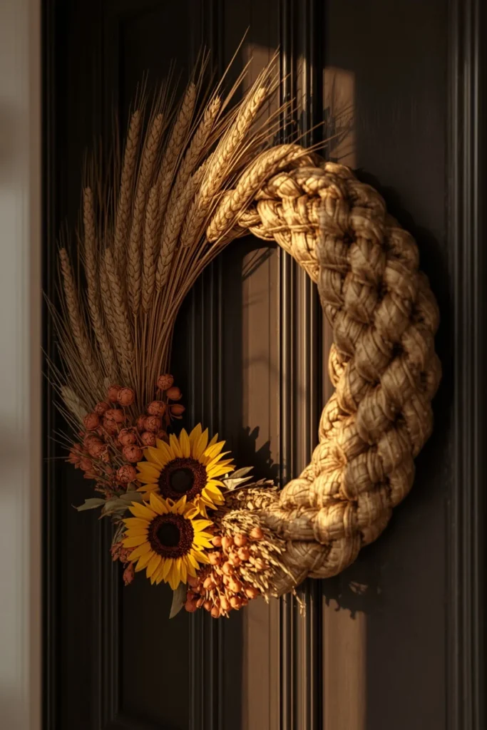24 Fall Wreath Ideas to Welcome the Season in Style 12 front door close-up, featuring a wreath made entirely of braided golden dried wheat stalks