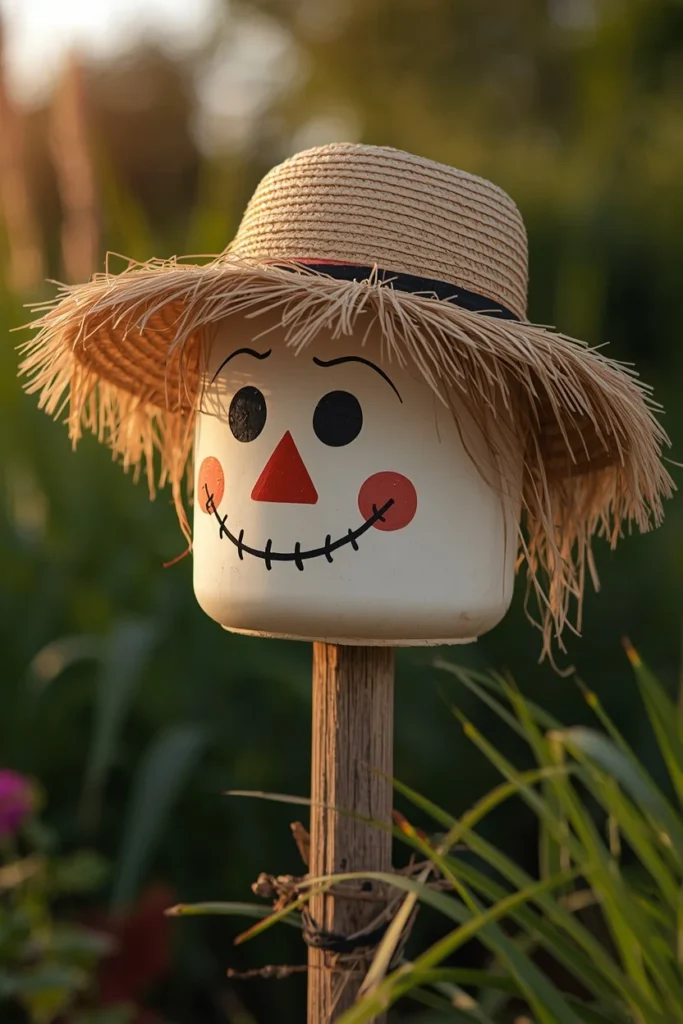 19 Fun DIY Scarecrow Ideas for fall that Kids Will Love Making 12 outdoor garden close-up, featuring a painted plastic milk jug scarecrow head