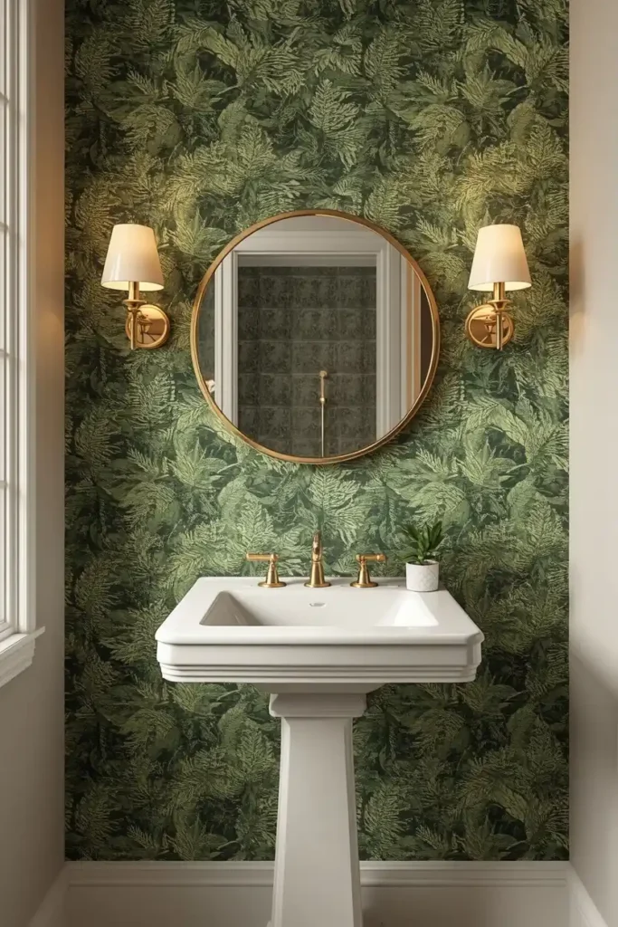 21 Green Bathroom Ideas That Bring Nature's Calm Into Your Home 12 bathroom accent wall, featuring dense botanical fern and leaf print wallpaper