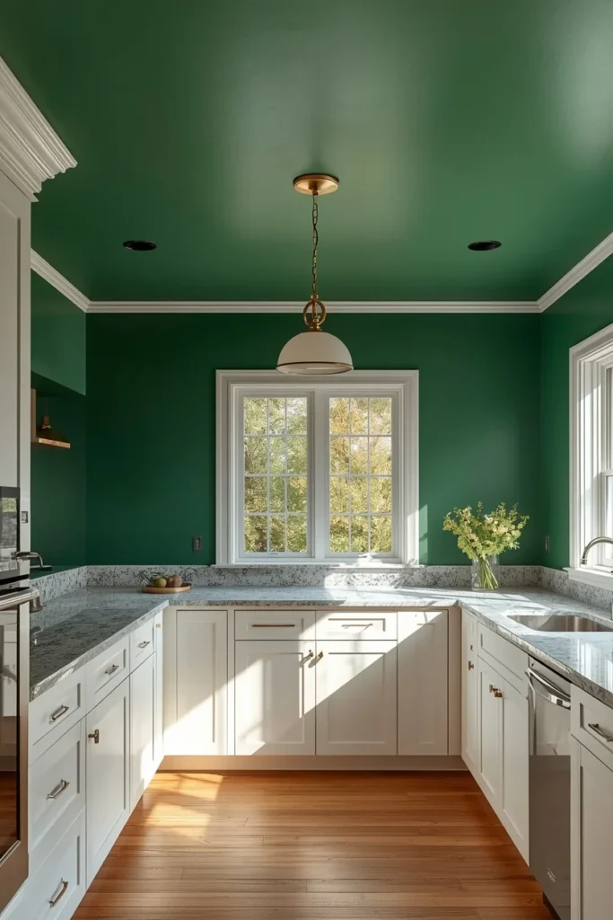 17 Green Kitchen Designs That Feel Bold, Fresh & Totally Unexpected 12 kitchen, featuring a bold deep green painted ceiling, white shaker cabinets below,