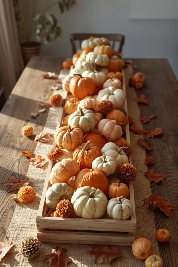 rustic harvest tablescape shot, featuring small wooden crates topped with an abundance of orange,