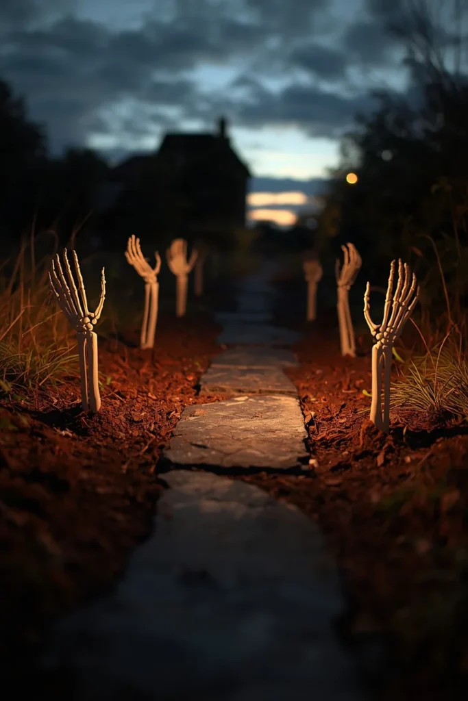 18 Halloween Walkway Ideas That Set the Spooky Mood Early 12 Halloween walkway border, featuring skeleton hands reaching up from disturbed soil