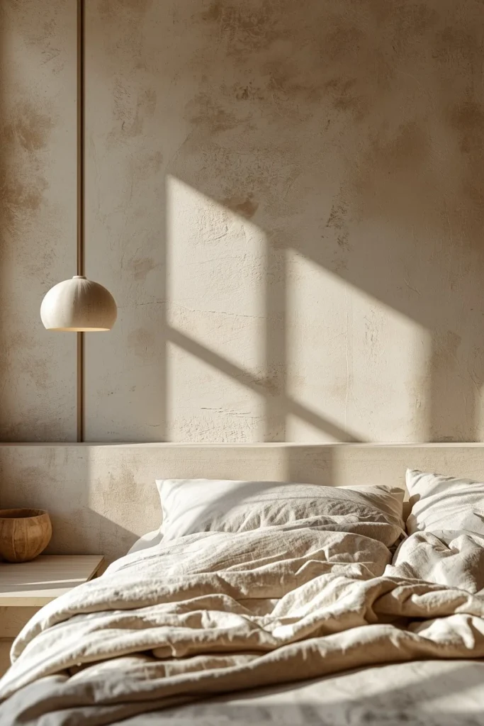 Japandi bedroom, featuring a raw textured lime-washed plaster accent wall behind a low platform bed