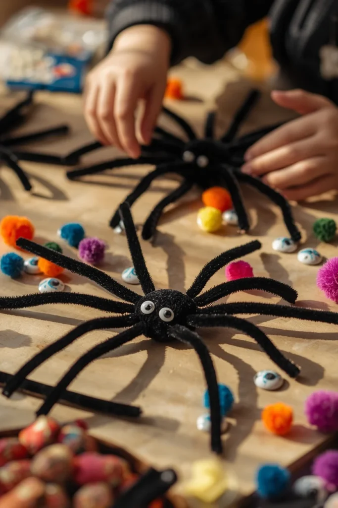  kids craft table, featuring black pipe cleaners twisted into spider shapes