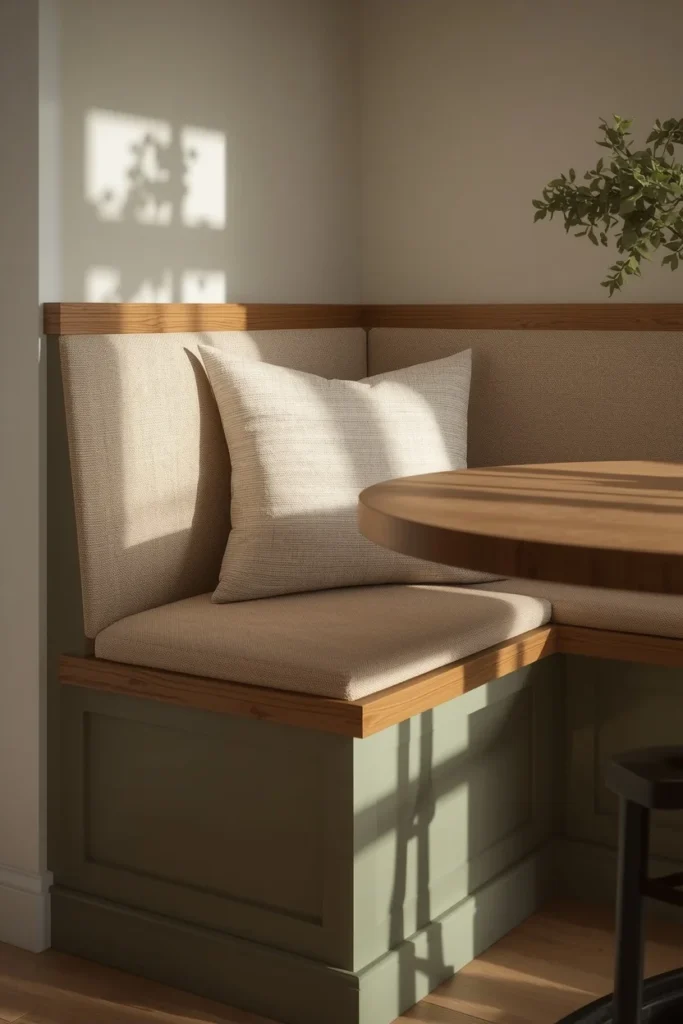 21 Kitchen Banquette Seating Ideas That Make Every Meal Feel Special 12 kitchen breakfast nook, featuring a sage green painted corner banquette base with a natural oak woo