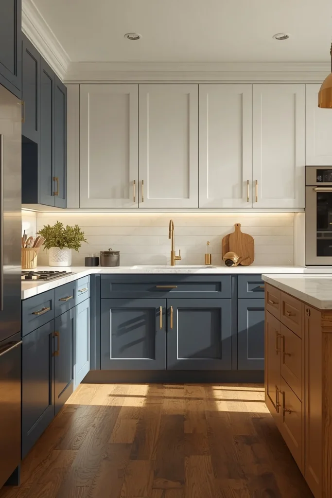 kitchen, featuring muted navy lower cabinets and warm white upper cabinets, brass hardware