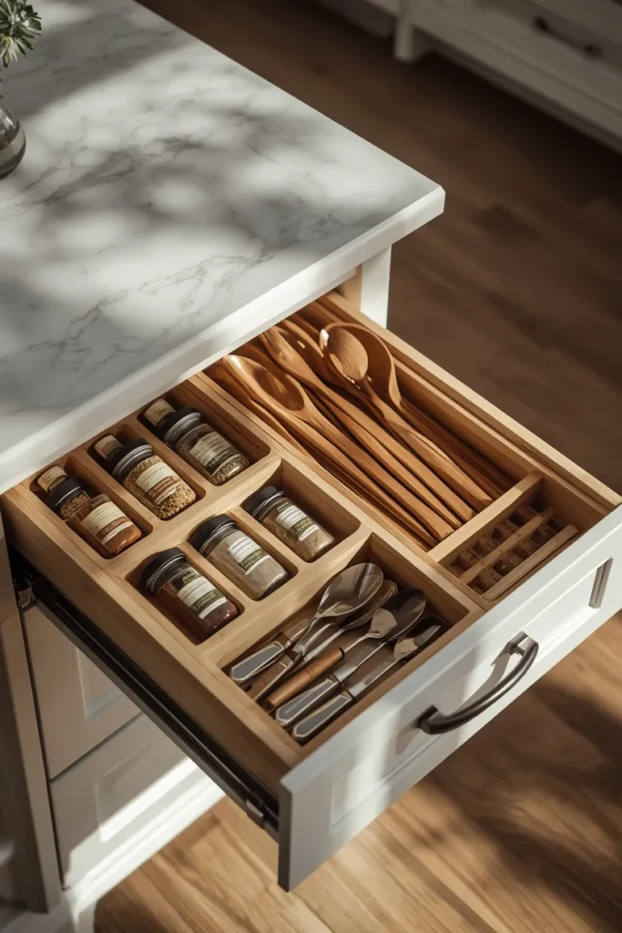 kitchen island, featuring an open deep pull-out drawer with organized spice jars