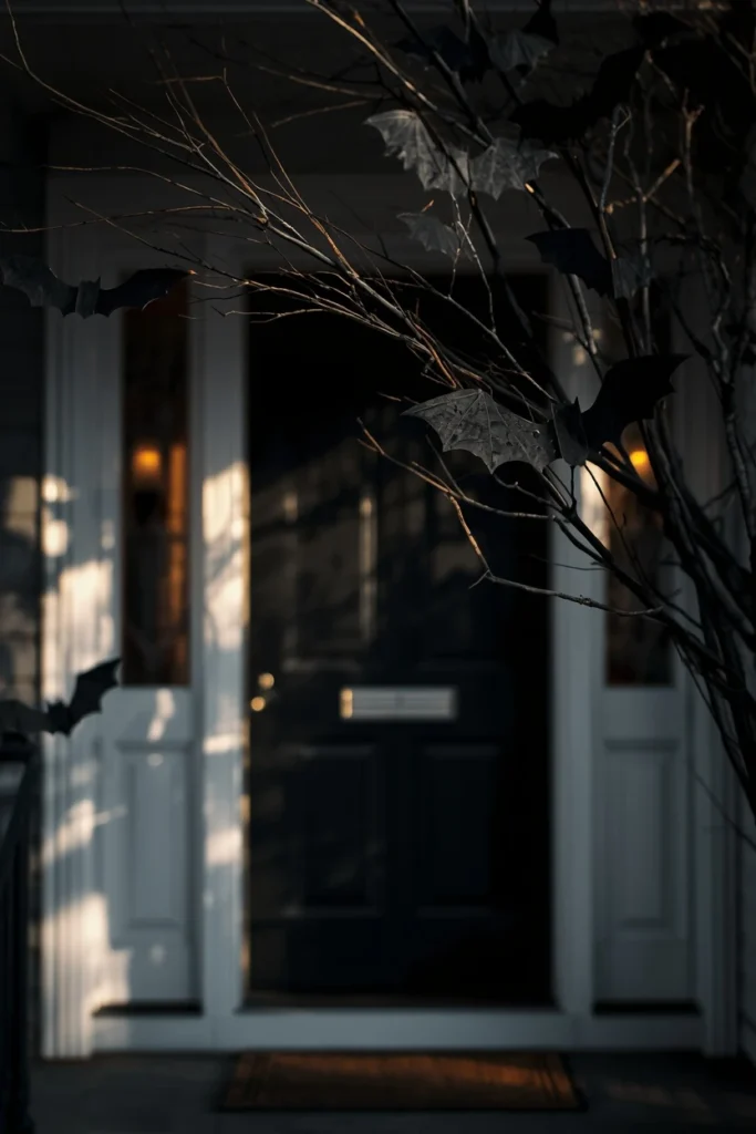  front porch entrance, featuring black-painted bare branches fanned