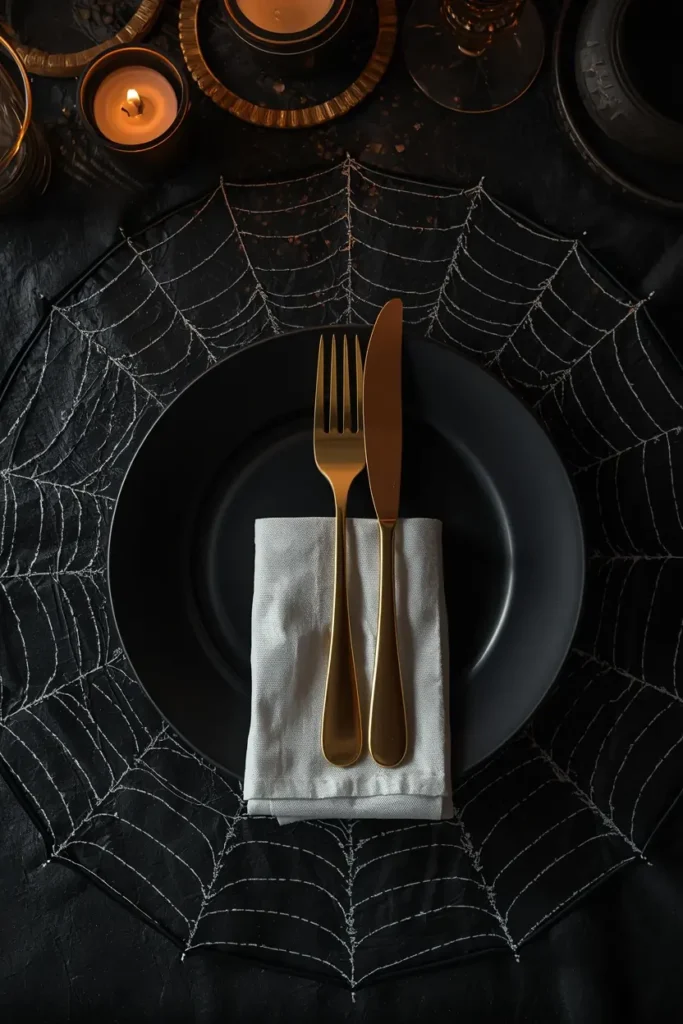 15 Last-Minute Halloween Tablescape Ideas That Look Planned 12 place setting overhead shot, featuring a spiderweb-patterned placemat