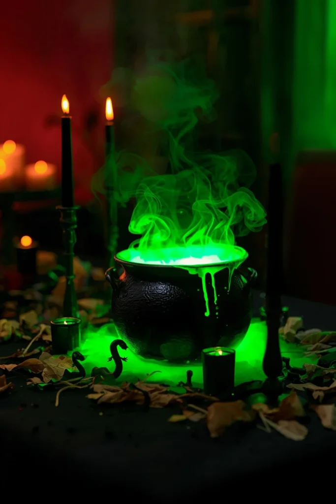  buffet table, featuring a black cauldron with glowing green mist rolling 