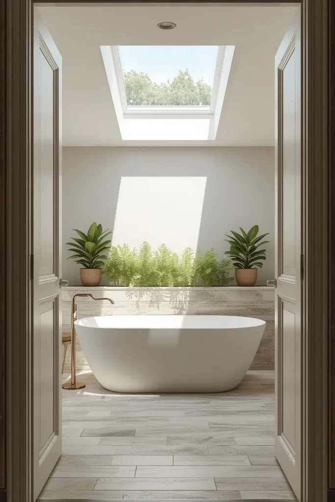 25 Modern Bathroom Designs That Look Like a 5-Star Spa Retreat 12 bathroom, featuring a skylight above a freestanding tub, soft natural daylight