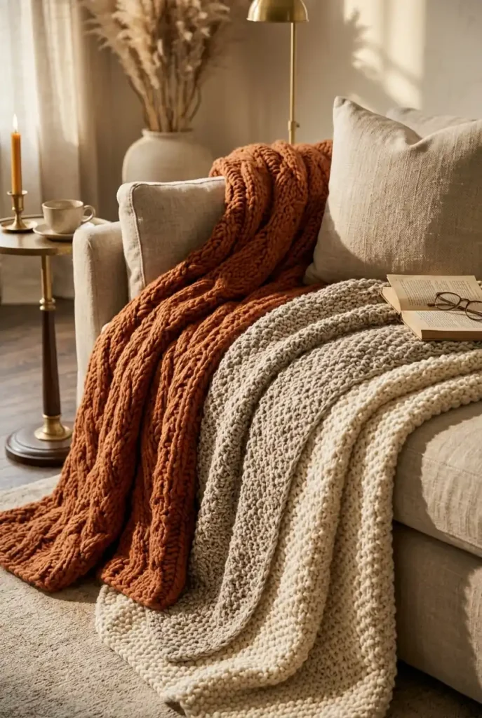  sofa corner, featuring three layered chunky knit throw blankets in cream, oatmeal,
