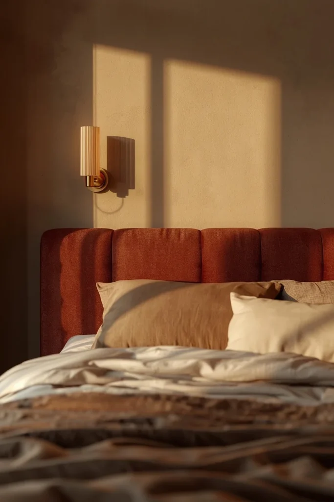 bedroom, featuring a pair of brass fluted wall sconces mounted on either side 