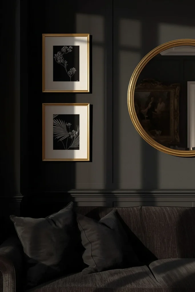  living room wall close-up, featuring a matte black accent wall with brushed gold picture