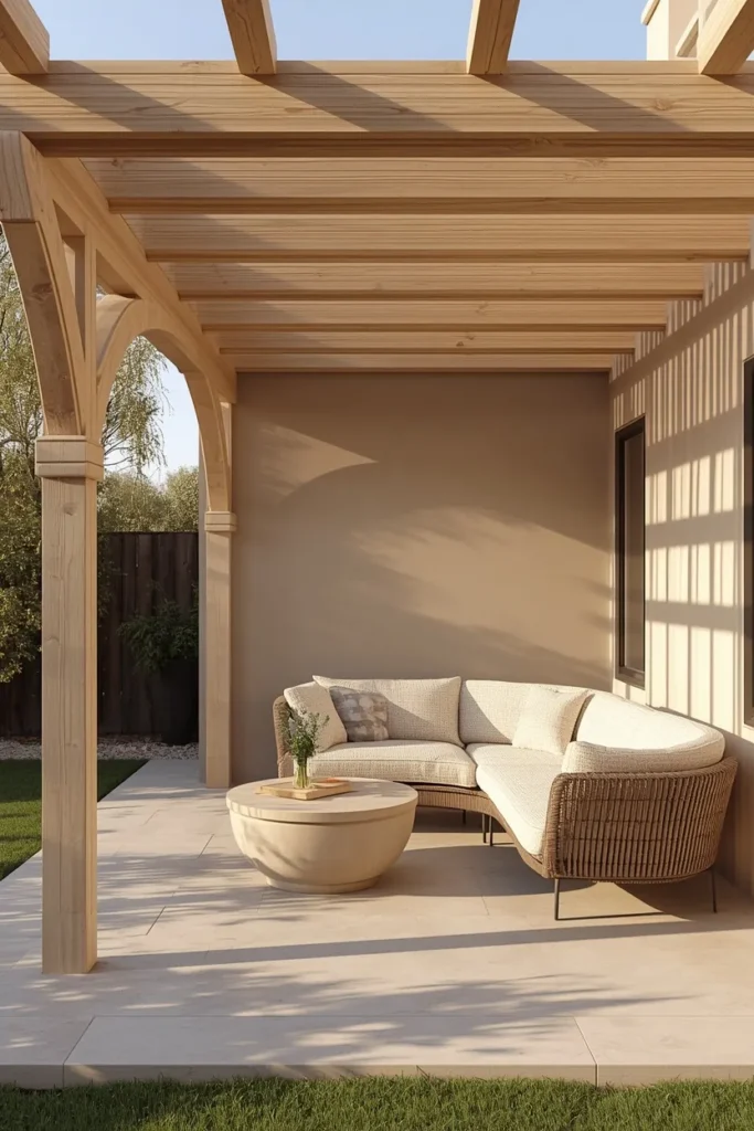  backyard patio, featuring a pergola with gently curved white oak beams 