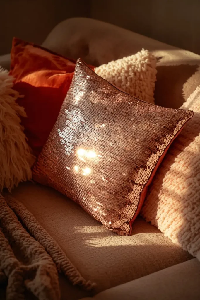 small apartment sofa, featuring a sequined sparkly throw pillow catching